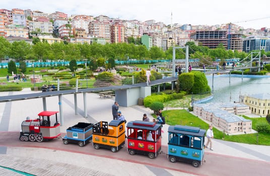 Touristic train in Miniaturk park in istanbul, the largest miniature park in the world. The park contains 105 buildings, each replicated on a scale of 1