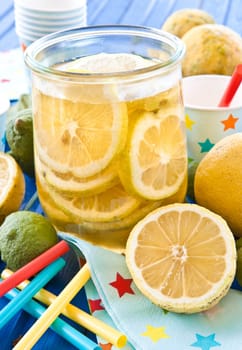 Homemade iced eatwith lemon in vintage mason jar