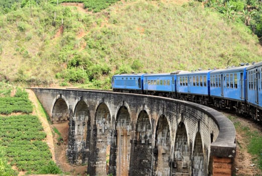A Train passing on a bridge in the hill country of Sri Lanka with its tea plantations close to Ella