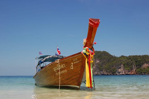 Traditional Longtail boat on the Loh Dalum beach, Phi-Phi Don island, Thailand