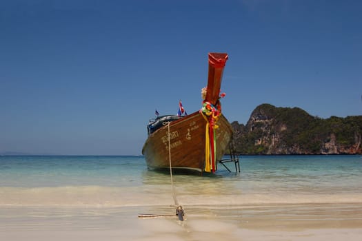 Traditional Longtail boat on the Loh Dalum beach, Phi-Phi Don island, Thailand