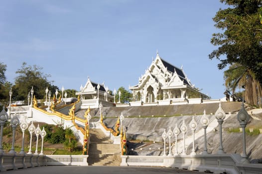 White Buddhist temple in Thailand in traditional architecture in Krabi