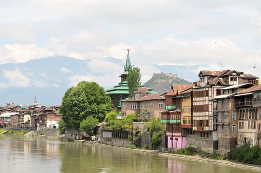 Mosques along the Jahelum river in Srinagar old town, Kashmir, India