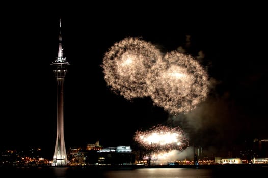 Celebration of New Year in Macau with fireworks beside the Tower Convention and Entertainment Center