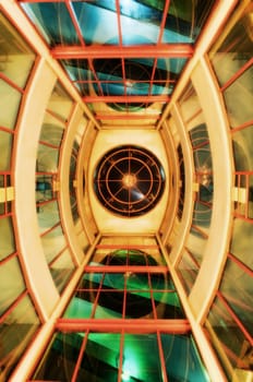 View from below of interior futuristic glass building
