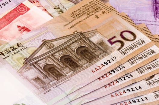 The stack of Macau money (bills and notes)