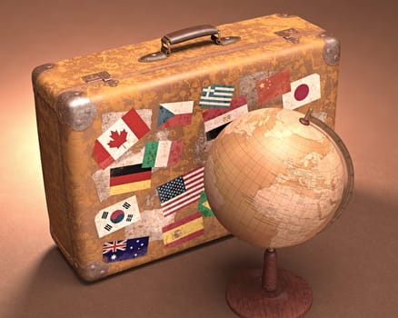 Antique globe in front of a retro suitcase. Travel concept around the world.