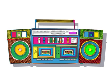 Vintage stereo double tape cassette player, pop art boombox.