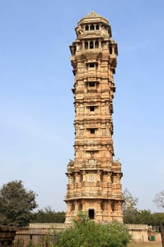 122 feet tall, 9 storied monument Vijay Sthambh (Victory Tower) having 157 stairs at Chittorgarh Fort, Rajasthan, India, Asia