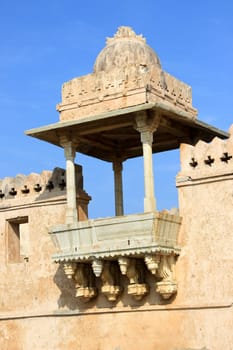 Decorative, sculptured stone gallery at Kumbh Mahal, Chittorgarh Fort, Rajasthan, India, Asia
