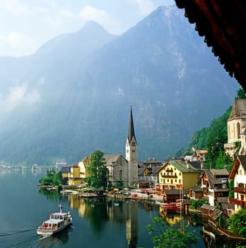 Harbor with boat in Hallstatt, Austria
