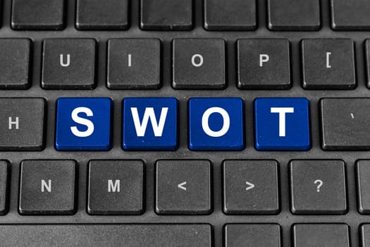 SWOT or strengths, weaknesses, opportunities, and threats blue word on keyboard