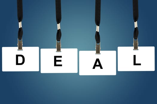 deal word on badge with blue background