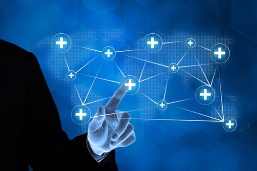 hand pushing healthcare with global networking concept