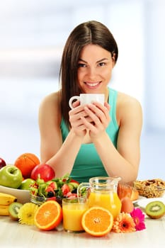 Young woman having breakfast. Balanced diet.