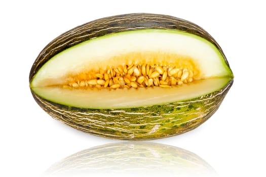 Mature Piel de Sapo sugar melon cut isolated and mirrored against white background