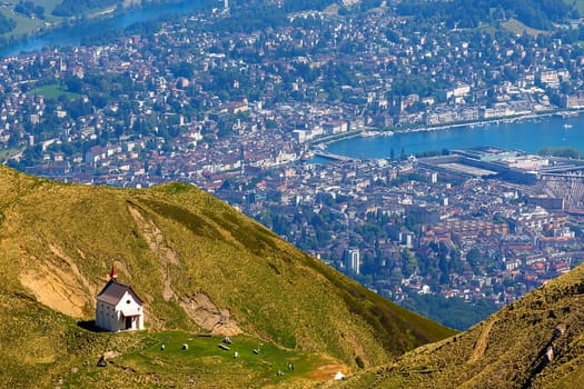view from the Pilatus summit to the city of Lucerne