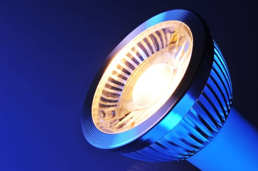Macrodetail of a warm white COB LED in blue light