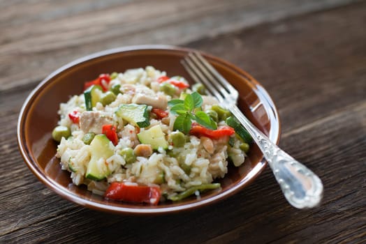 Chicken risotto with vegetables close up shoot