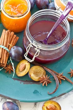 Various jams of fresh plums with wintry swirls