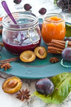 Various jams of fresh plums with wintry swirls