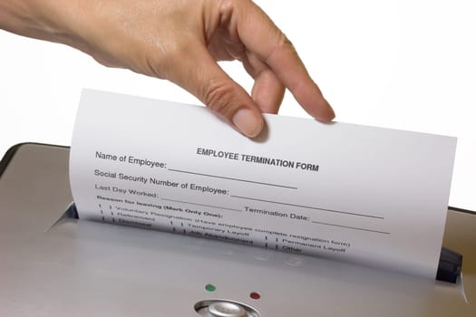 Woman's hand is discarding a employee termination form. On the white background...