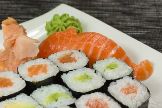 Closeup view of a set of maki and nigiri sushi on the white plate
