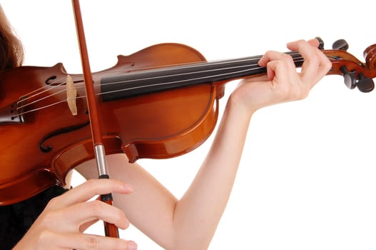 A closeup picture of a woman playing the violin, isolated for white.background..