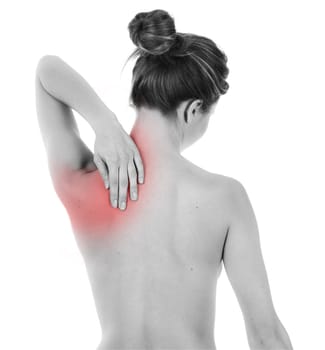 Woman having pain on her back, isolated on white