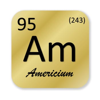Black americium element into golden square shape isolated in white background