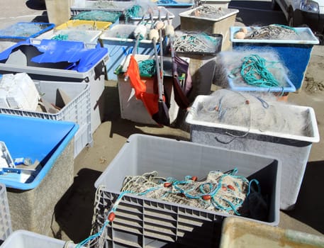 Fishing net in boxes at the harbor
