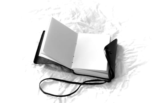 An old fashioned leather bound blank journal open to show the blank pages in black and white, shot on white fabric.