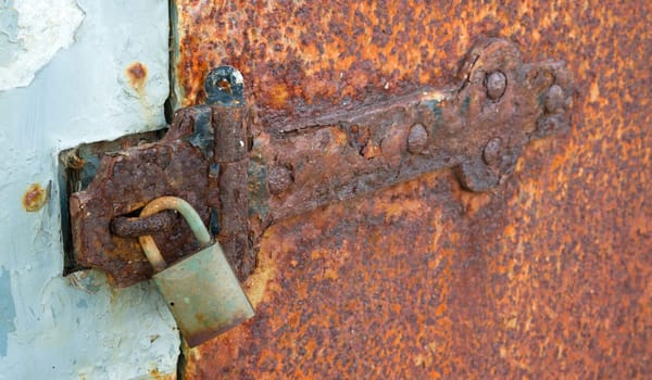 A door hinge out in the elements rusting