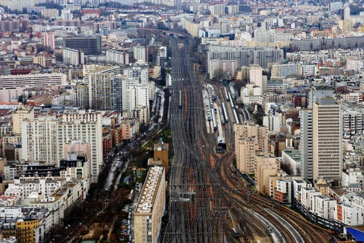 Paris,France – December 31,2013: Rail,rail and infrastructure with high-rise buildings of Paris on 31 December 2013 in Paris.