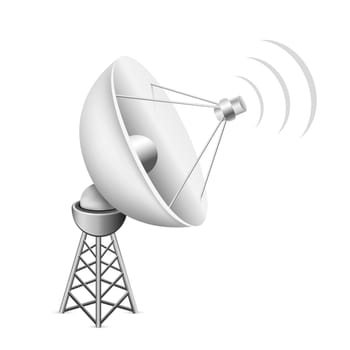The mesh satellite antenna with construction and signal waves on the white background