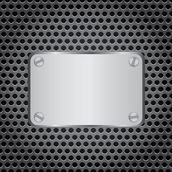 The grid background with holes and metal plate screwed to it