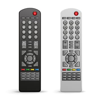 The black and white tv remote controller on the white background