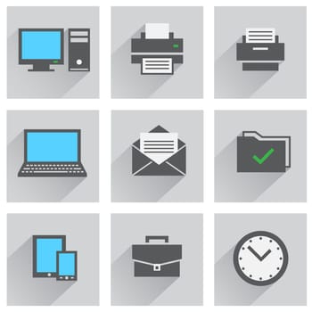The office icon set, computer printer watch tablet smartphone folder mail