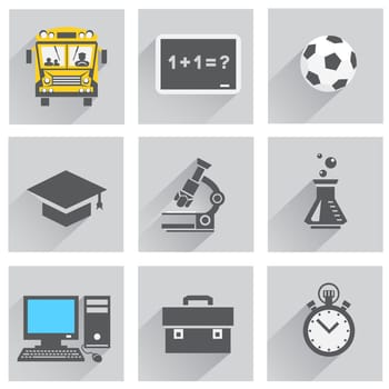 The school icon set with shadow on the gray and white background