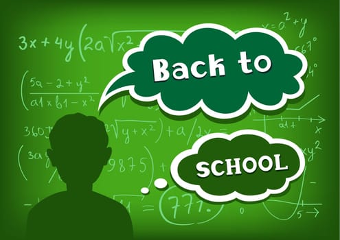 The silhouette of student who speech and thought amid the school blackboard expect back to school