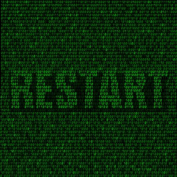 The programming code on the dark background and the text restart