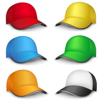 The multicolored mesh empty template cap on the white background