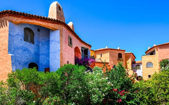 Beautiful colorful houses with nice garden, Porto Cervo, Sardinia, Italy