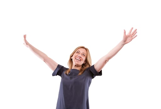 exulting real happy woman smiling because she's very really happy