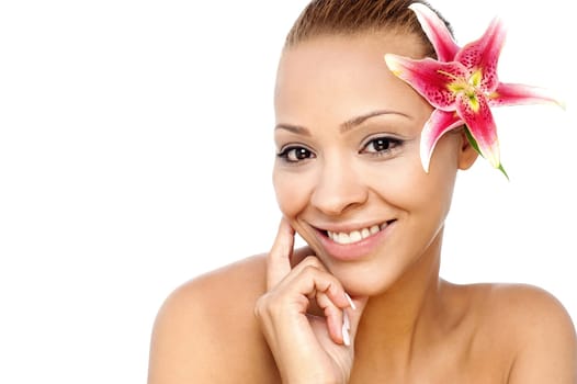 Beautiful woman with flower isolated on white