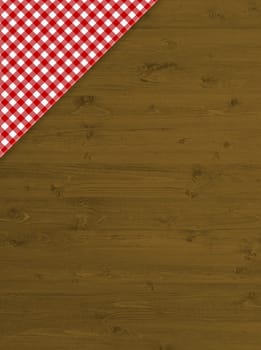 Red and white tablecloth pattern on brown wood background