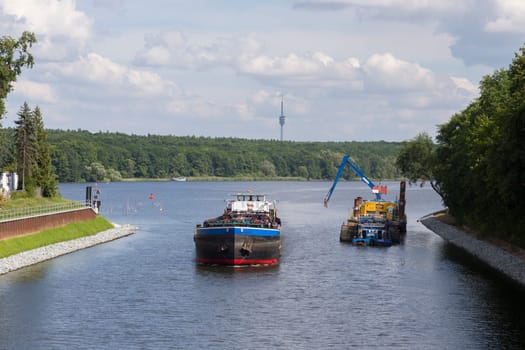 Cargo ship on the canal to the Jungfernsee in Potsdam