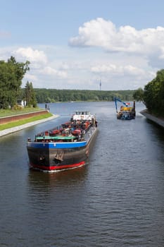 Cargo ship on the canal to the Jungfernsee in Potsdam
