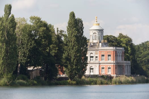 The marble paloais on the right edge of the picture at the Holy Lake
