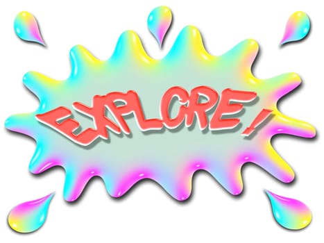 The word explore is shown on top of a stylized splash of water, very colorful, and rainbow like.